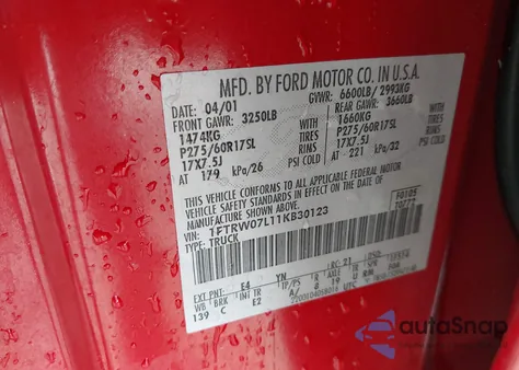 2001 Ford F-150 Harley-Davidson Edition/King Ranch Edition/Lariat/Xlt z USA, uszkodzony, nr VIN 1FTRW07L11KB30123